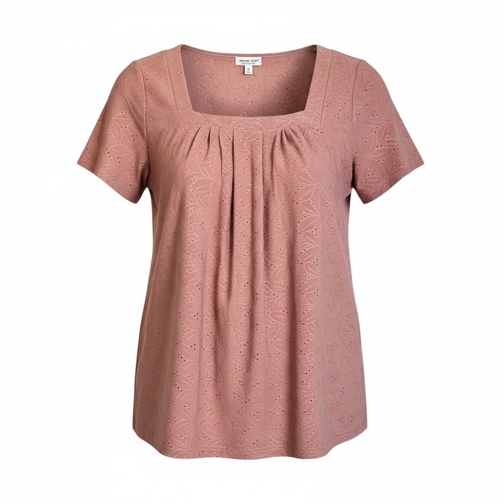 Anna-Kaci Mauve Floral Eyelet Square Neck Pleated Blouse XL Short Sleeve Top